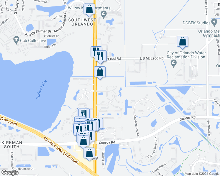 map of restaurants, bars, coffee shops, grocery stores, and more near 4110 Pinebark Avenue in Orlando