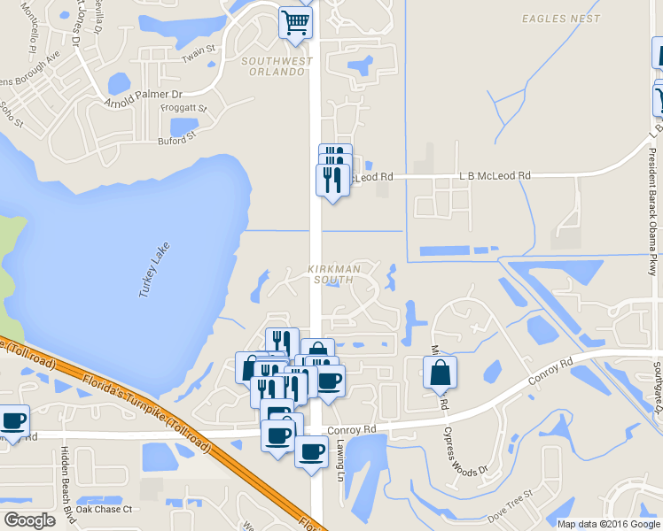 map of restaurants, bars, coffee shops, grocery stores, and more near 4110 Pinebark Avenue in Orlando