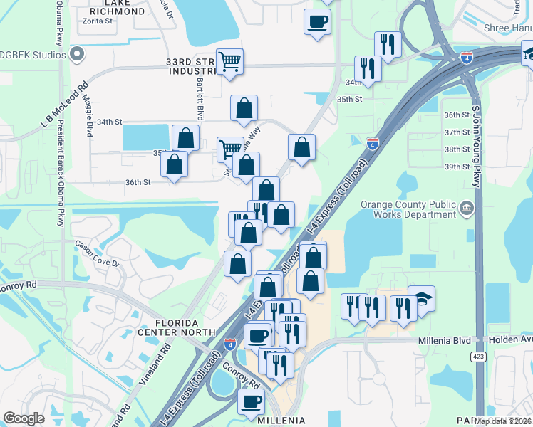 map of restaurants, bars, coffee shops, grocery stores, and more near 3917-4067 Vineland Rd in Orlando