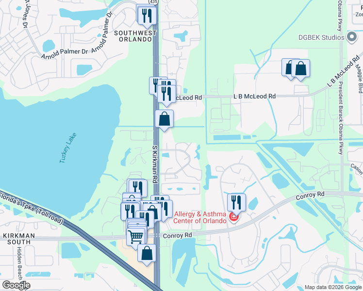 map of restaurants, bars, coffee shops, grocery stores, and more near 4110 Pinebark Avenue in Orlando