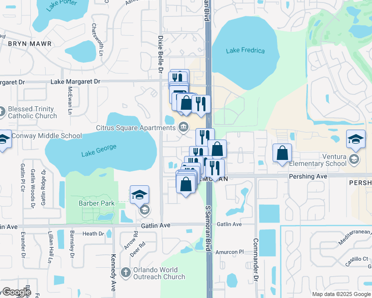 map of restaurants, bars, coffee shops, grocery stores, and more near 5600 Devonbriar Way in Orlando