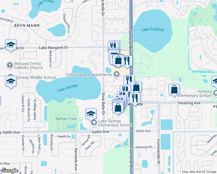 map of restaurants, bars, coffee shops, grocery stores, and more near 5545 Devonbriar Way in Orlando