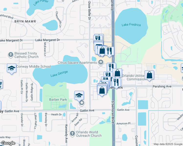 map of restaurants, bars, coffee shops, grocery stores, and more near 5500 Devonbriar Way in Orlando
