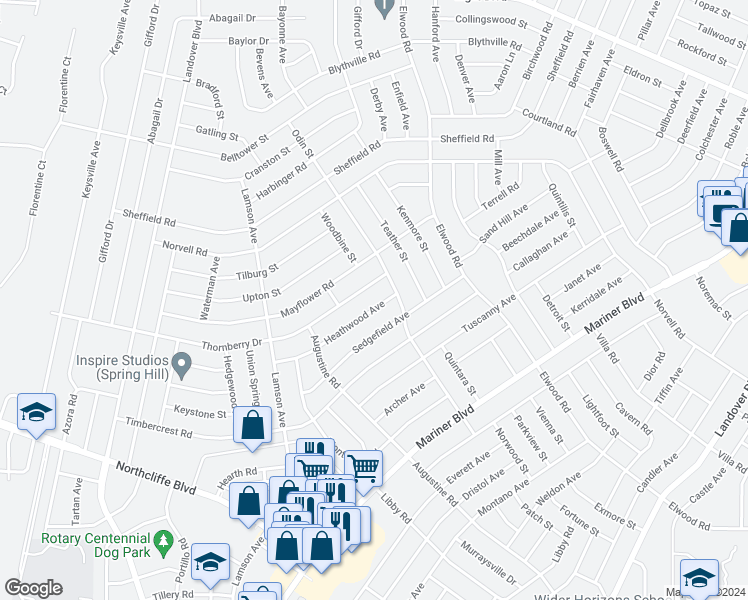 map of restaurants, bars, coffee shops, grocery stores, and more near 11171 Heathwood Avenue in Spring Hill