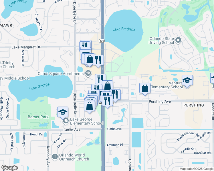 map of restaurants, bars, coffee shops, grocery stores, and more near 4209 South Semoran Boulevard in Orlando