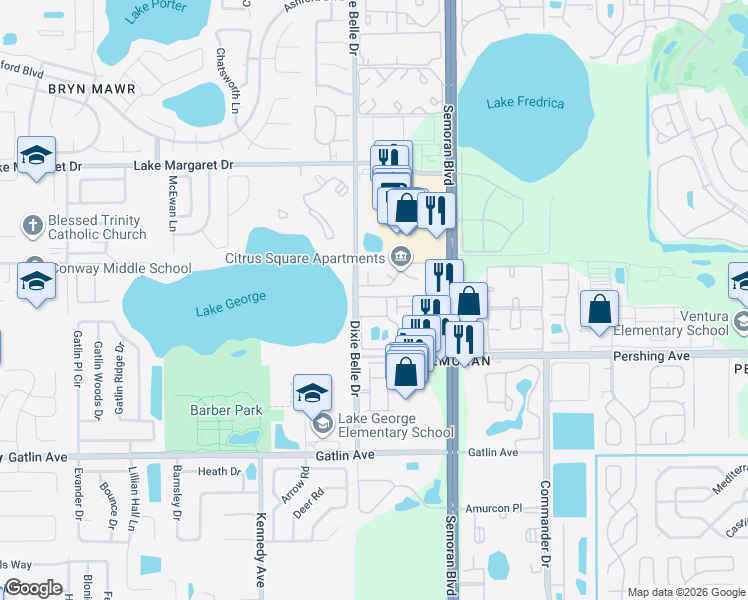 map of restaurants, bars, coffee shops, grocery stores, and more near 5545 Devonbriar Way in Orlando