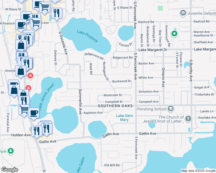 map of restaurants, bars, coffee shops, grocery stores, and more near 1046 Buckwood Drive in Orlando