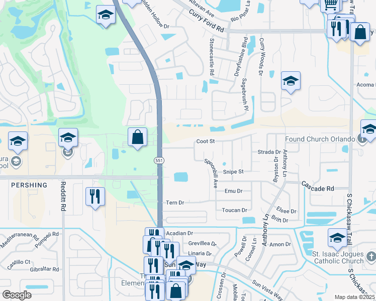 map of restaurants, bars, coffee shops, grocery stores, and more near 7549 Quail Pond Street in Orlando
