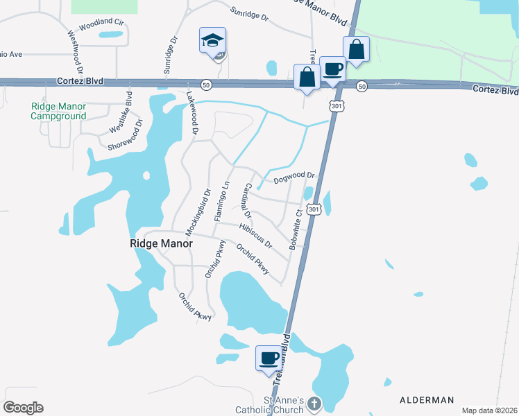 map of restaurants, bars, coffee shops, grocery stores, and more near 4998 Cardinal Drive in Ridge Manor