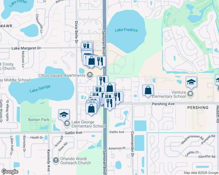 map of restaurants, bars, coffee shops, grocery stores, and more near 4207 South Semoran Boulevard in Orlando