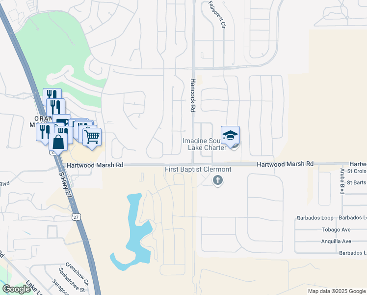 map of restaurants, bars, coffee shops, grocery stores, and more near 4211 Kingsley Street in Clermont