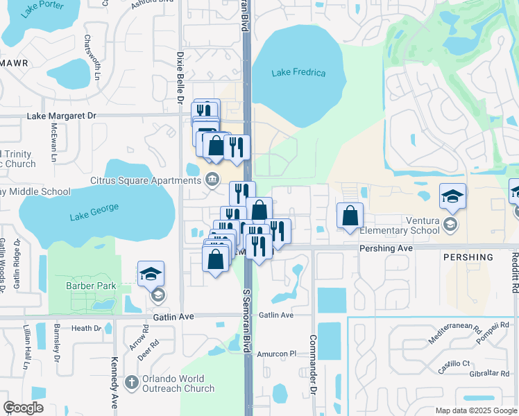 map of restaurants, bars, coffee shops, grocery stores, and more near 4209 South Semoran Boulevard in Orlando