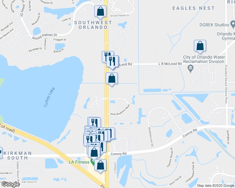 map of restaurants, bars, coffee shops, grocery stores, and more near 4110 Pinebark Avenue in Orlando