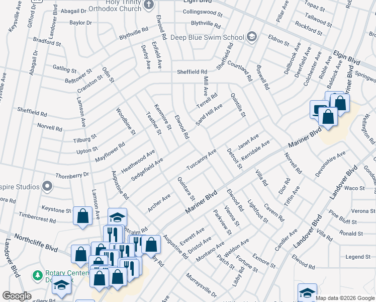 map of restaurants, bars, coffee shops, grocery stores, and more near 11320 Sedgefield Avenue in Spring Hill