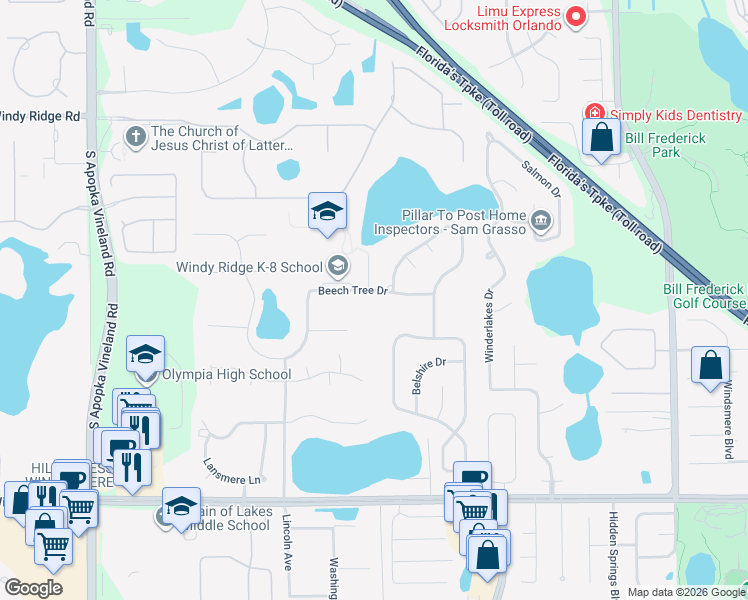 map of restaurants, bars, coffee shops, grocery stores, and more near 3719 Beech Tree Drive in Orlando