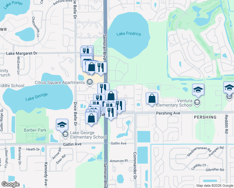 map of restaurants, bars, coffee shops, grocery stores, and more near 4211 South Semoran Boulevard in Orlando