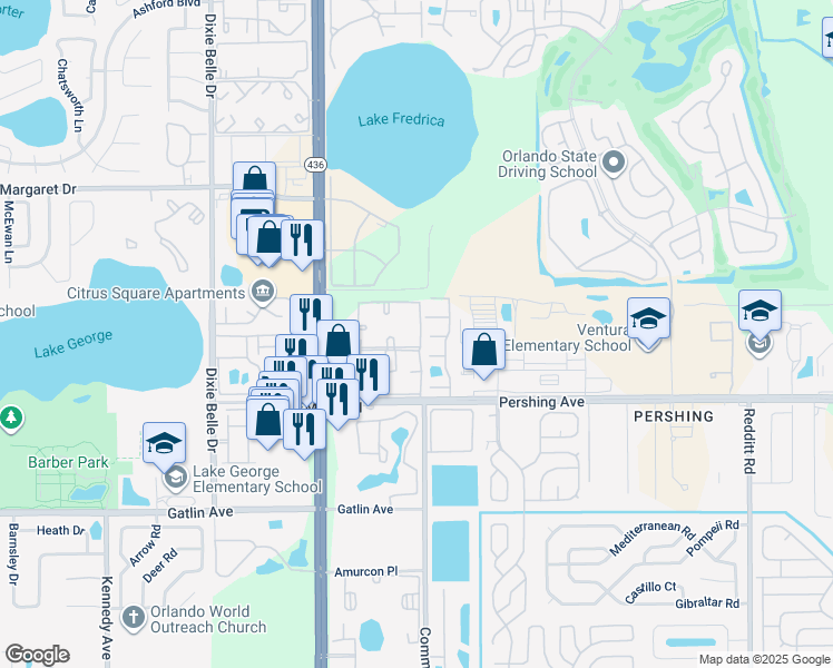 map of restaurants, bars, coffee shops, grocery stores, and more near 4148 Pershing Pointe Place in Orlando
