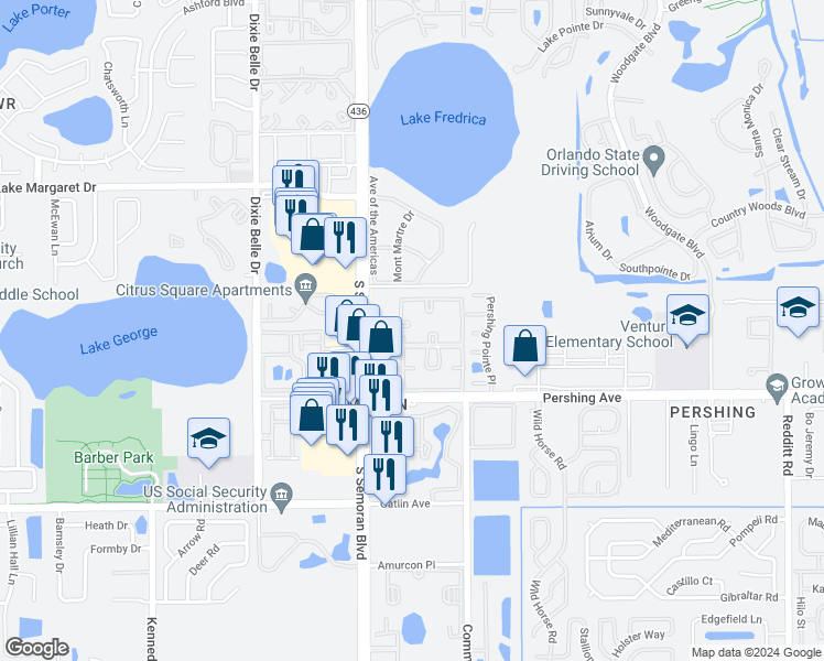 map of restaurants, bars, coffee shops, grocery stores, and more near 4209 South Semoran Boulevard in Orlando