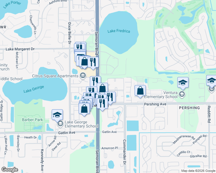 map of restaurants, bars, coffee shops, grocery stores, and more near 4209 South Semoran Boulevard in Orlando