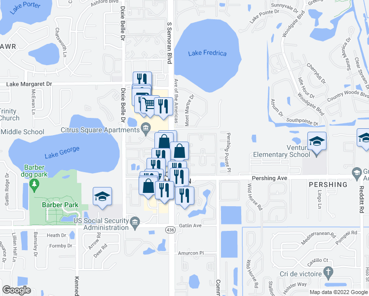 map of restaurants, bars, coffee shops, grocery stores, and more near 4209 South Semoran Boulevard in Orlando