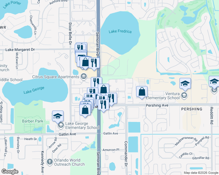 map of restaurants, bars, coffee shops, grocery stores, and more near 4209 South Semoran Boulevard in Orlando