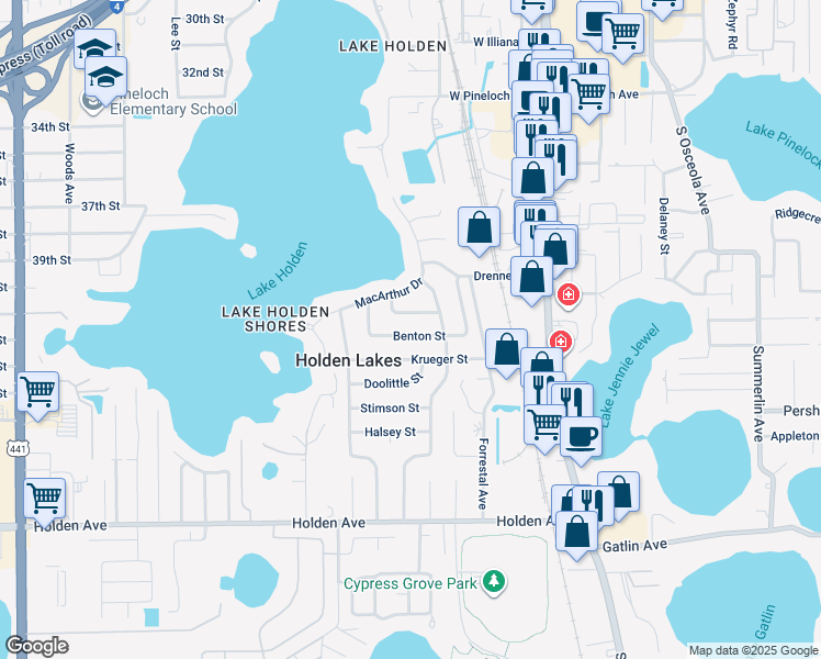 map of restaurants, bars, coffee shops, grocery stores, and more near 311 Benton Street in Orlando
