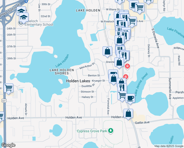 map of restaurants, bars, coffee shops, grocery stores, and more near 311 Benton Street in Orlando