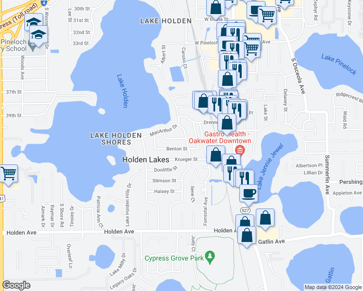 map of restaurants, bars, coffee shops, grocery stores, and more near 209 Benton Street in Orlando