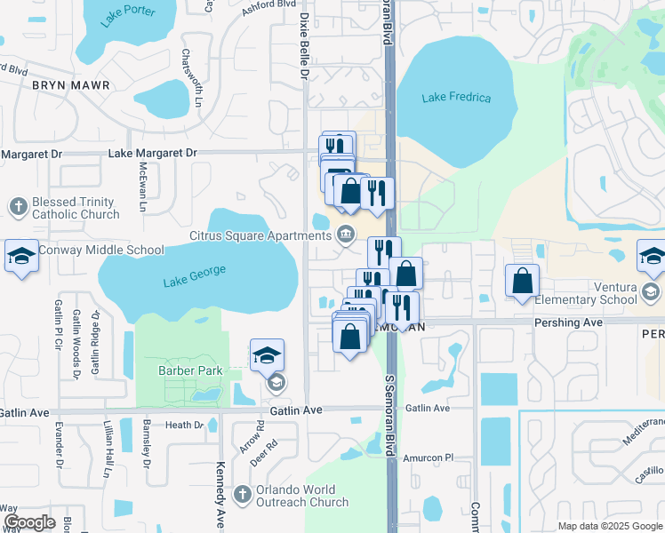 map of restaurants, bars, coffee shops, grocery stores, and more near 5587 Devonbriar Way in Orlando