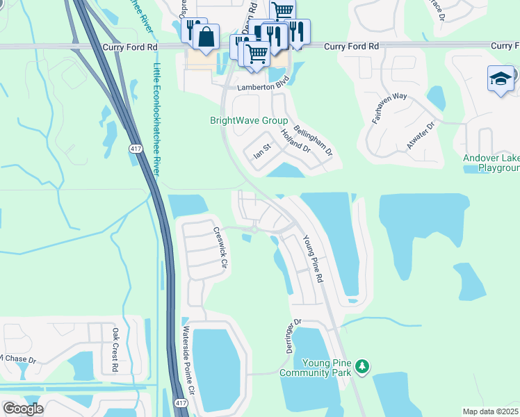 map of restaurants, bars, coffee shops, grocery stores, and more near 10201 Falcon Pine Boulevard in Orlando