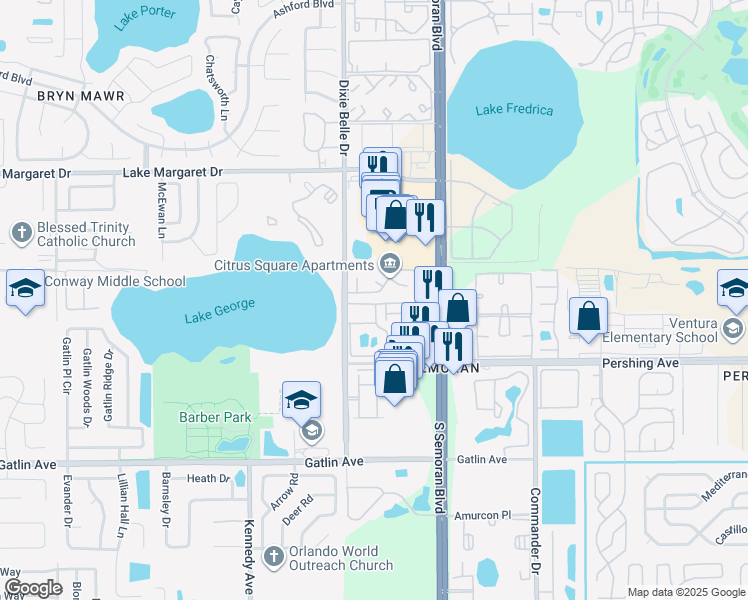 map of restaurants, bars, coffee shops, grocery stores, and more near 5545 Devonbriar Way in Orlando