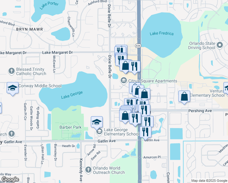 map of restaurants, bars, coffee shops, grocery stores, and more near 5545 Devonbriar Way in Orlando