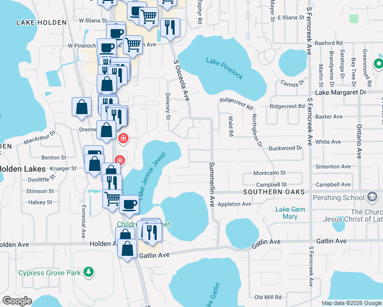 map of restaurants, bars, coffee shops, grocery stores, and more near 3415 Delaney Street in Orlando