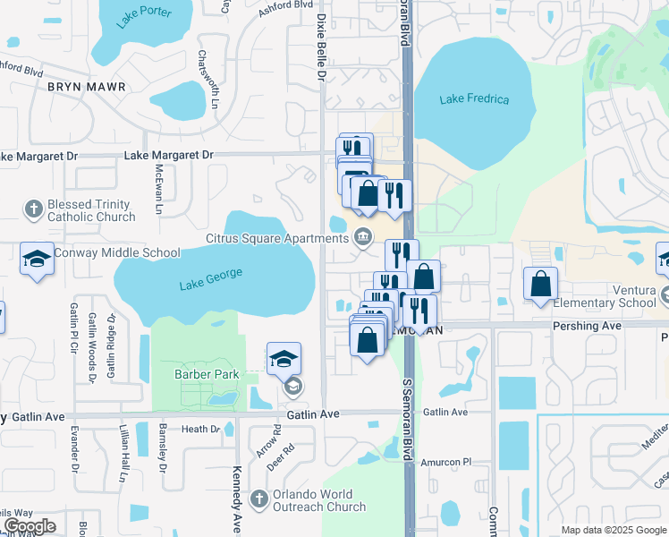map of restaurants, bars, coffee shops, grocery stores, and more near 5545 Devonbriar Way in Orlando