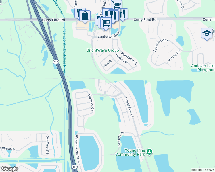 map of restaurants, bars, coffee shops, grocery stores, and more near 10201 Falcon Pine Boulevard in Orlando