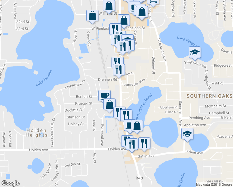 map of restaurants, bars, coffee shops, grocery stores, and more near 3730 South Orange Avenue in Orlando