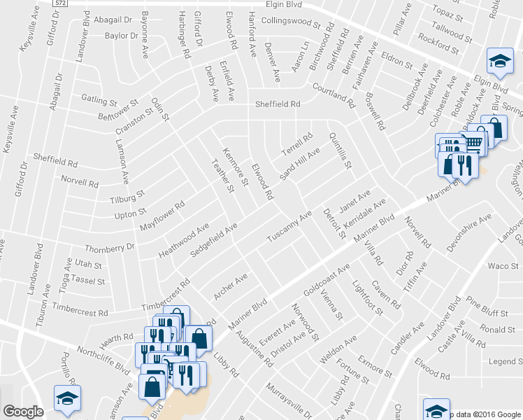 map of restaurants, bars, coffee shops, grocery stores, and more near 11320 Sedgefield Avenue in Spring Hill