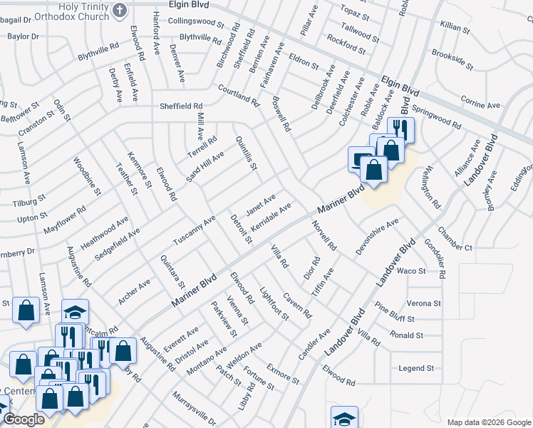map of restaurants, bars, coffee shops, grocery stores, and more near 11479 Kerridale Avenue in Spring Hill