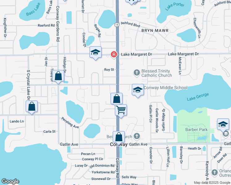 map of restaurants, bars, coffee shops, grocery stores, and more near 3420 South Conway Road in Orlando