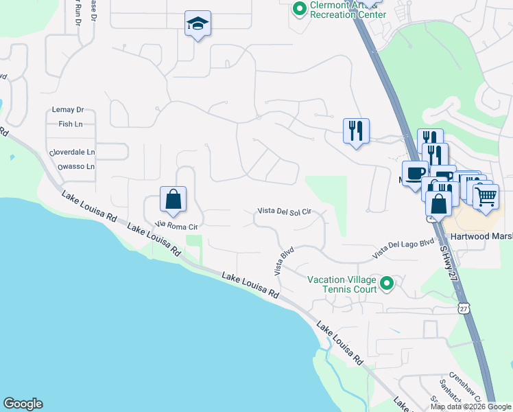 map of restaurants, bars, coffee shops, grocery stores, and more near 10742 Vista Del Sol Circle in Clermont