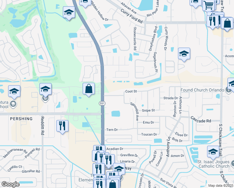 map of restaurants, bars, coffee shops, grocery stores, and more near 7549 Quail Pond Street in Orlando