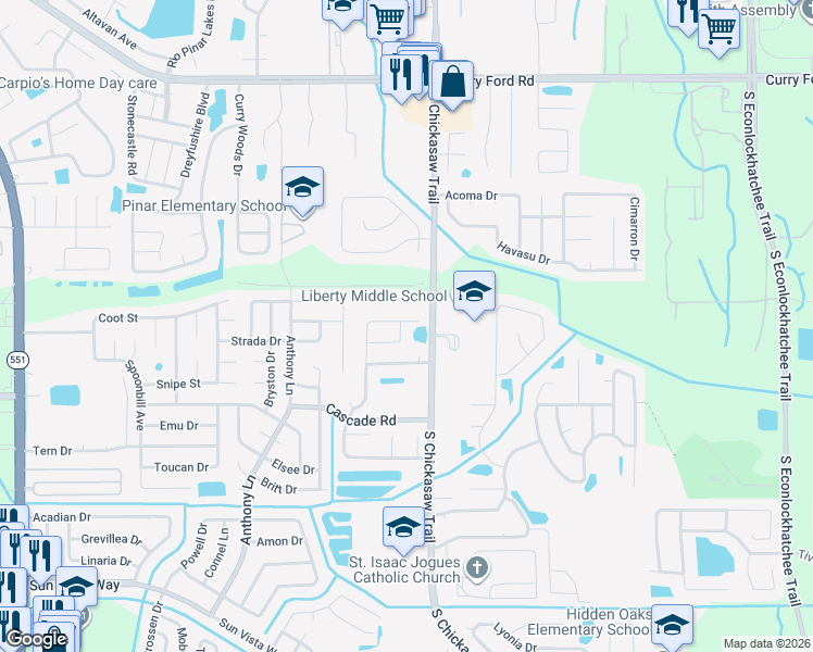 map of restaurants, bars, coffee shops, grocery stores, and more near 8332 Southern Forest Drive in Orlando