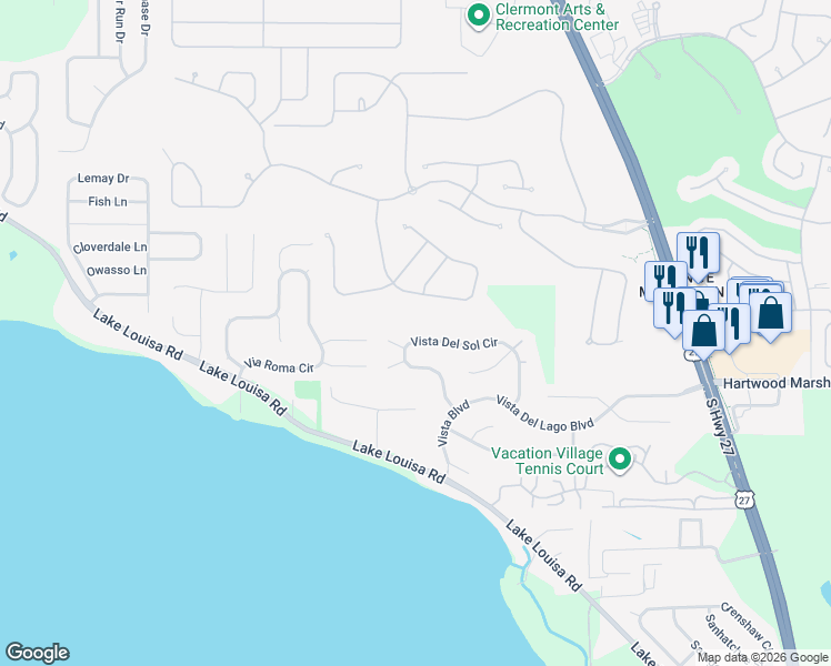 map of restaurants, bars, coffee shops, grocery stores, and more near 10742 Vista Del Sol Circle in Clermont