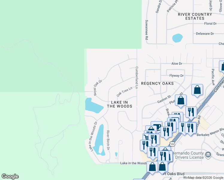 map of restaurants, bars, coffee shops, grocery stores, and more near 4624 Lake in the Woods Drive in Spring Hill