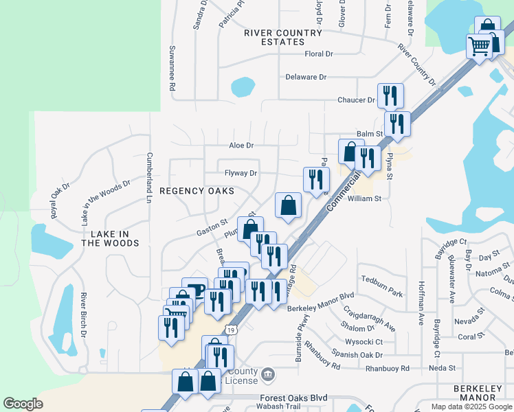 map of restaurants, bars, coffee shops, grocery stores, and more near 5001 Plumosa Street in Spring Hill