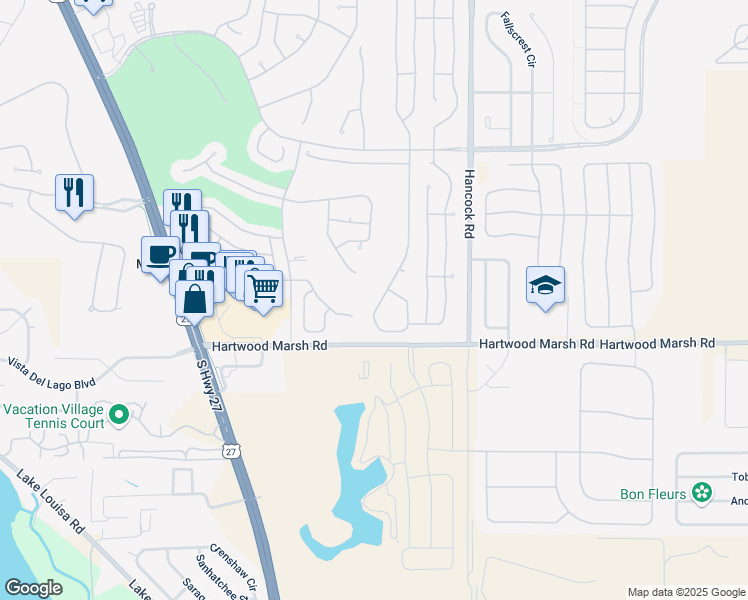 map of restaurants, bars, coffee shops, grocery stores, and more near 4306 Hammersmith Drive in Clermont