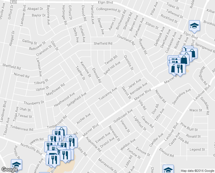map of restaurants, bars, coffee shops, grocery stores, and more near 5008 Elwood Road in Spring Hill