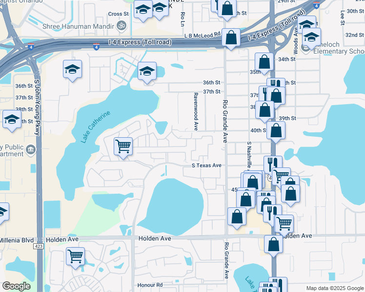 map of restaurants, bars, coffee shops, grocery stores, and more near 4036 Norwich Road in Orlando