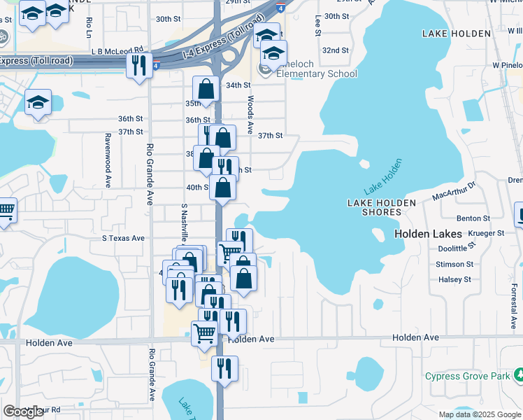 map of restaurants, bars, coffee shops, grocery stores, and more near 1204 41st Street in Orlando