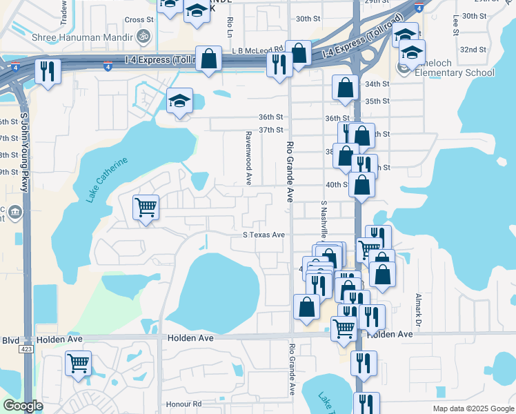 map of restaurants, bars, coffee shops, grocery stores, and more near 4068 Winford Circle in Orlando